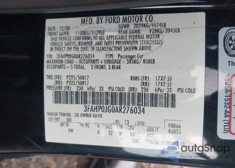 2010 Ford Fusion Sel from USA, damaged, VIN 3FAHP0JG0AR276034